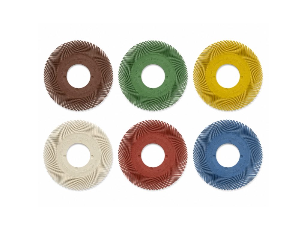 Six 150mm 3M Scotch-Brite Type C radial bristle discs in colour-coded grades from 36 to 400 grit