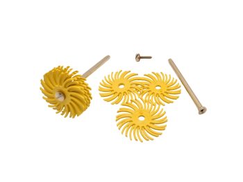 3M Scotch-Brite 25mm radial bristle discs mounted on 3mm MM503 screw mandrel