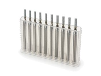 Ten grey PFERD 1.7mm x 8mm micro grinding points arranged in a clear plastic storage holder.