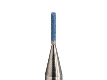 Close-up of the blue 1mm x 5mm PFERD micro grinding point head and tapered steel neck.