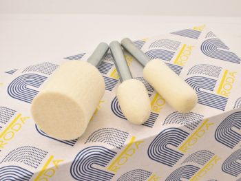 RODA mounted felt bob, cone and bullnose polishing tools displayed on branded packaging