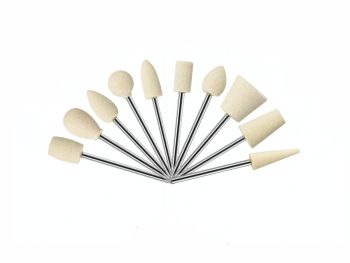 Ten UK-made RODA mounted dental felt shapes on 2.35mm shanks