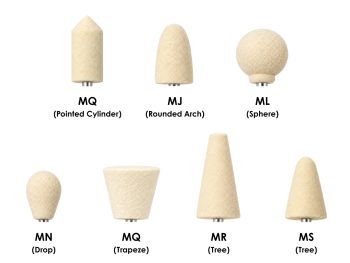 Labelled comparison of seven RODA mounted shaped felt profiles: MG, MJ, ML, MN, MQ, MR and MS