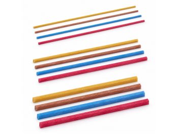 Yellow, light brown, blue and red mini ceramic polishing stones arranged in small, medium and large square sections.