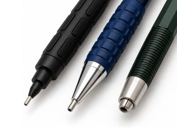 Close-up of the metal guide tubes on the black and navy blue mini stone holders and the split collet on the green holder.