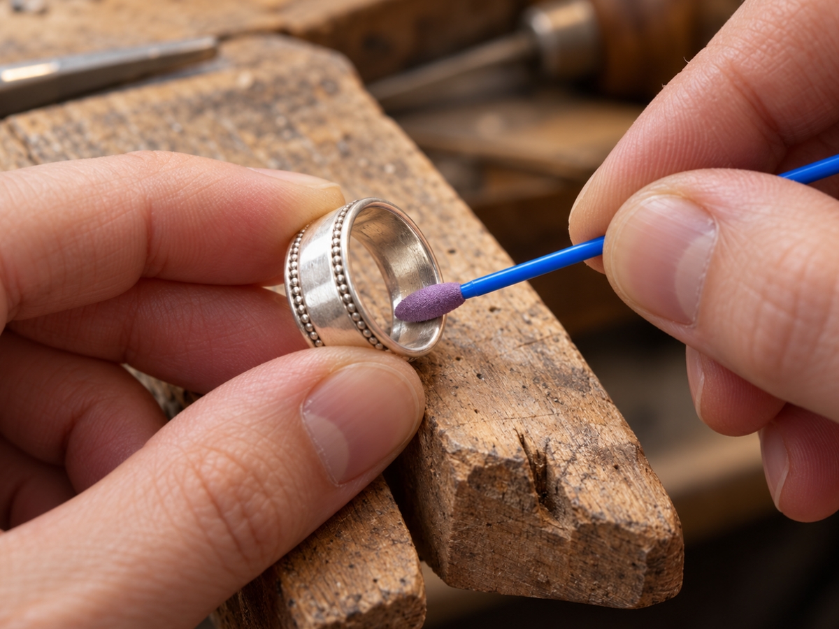 Small Micro-Mesh polishing swab finishing the inside of a silver ring on a jeweller’s bench pin.