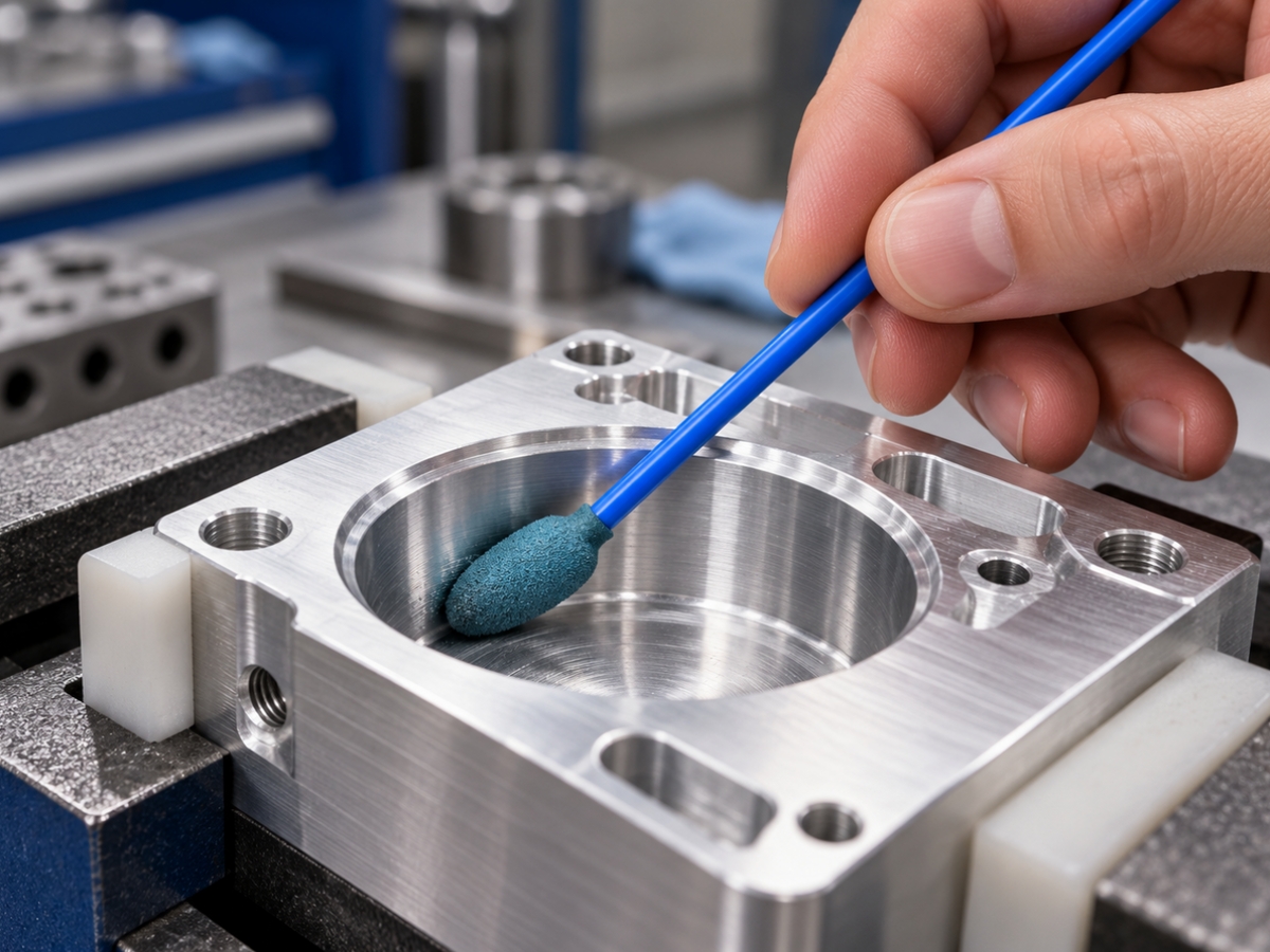 Large Micro-Mesh polishing swab finishing an internal recess in a machined aluminium component.