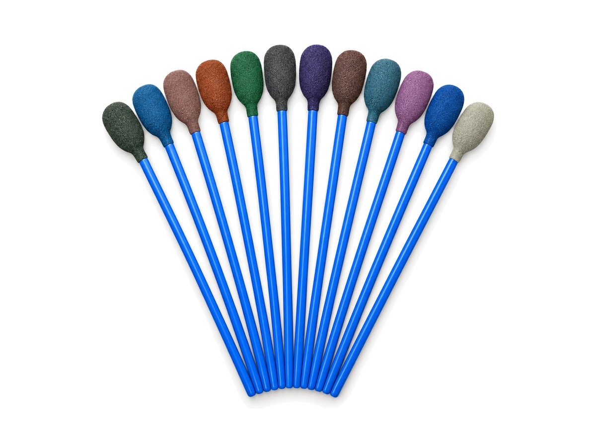 Twelve large 5-inch Micro-Mesh polishing swabs with coloured abrasive heads arranged in a fan.