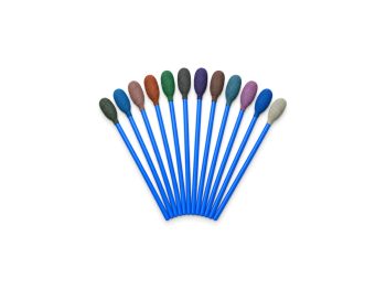 Twelve medium 3-inch Micro-Mesh polishing swabs with coloured abrasive heads arranged in a fan.
