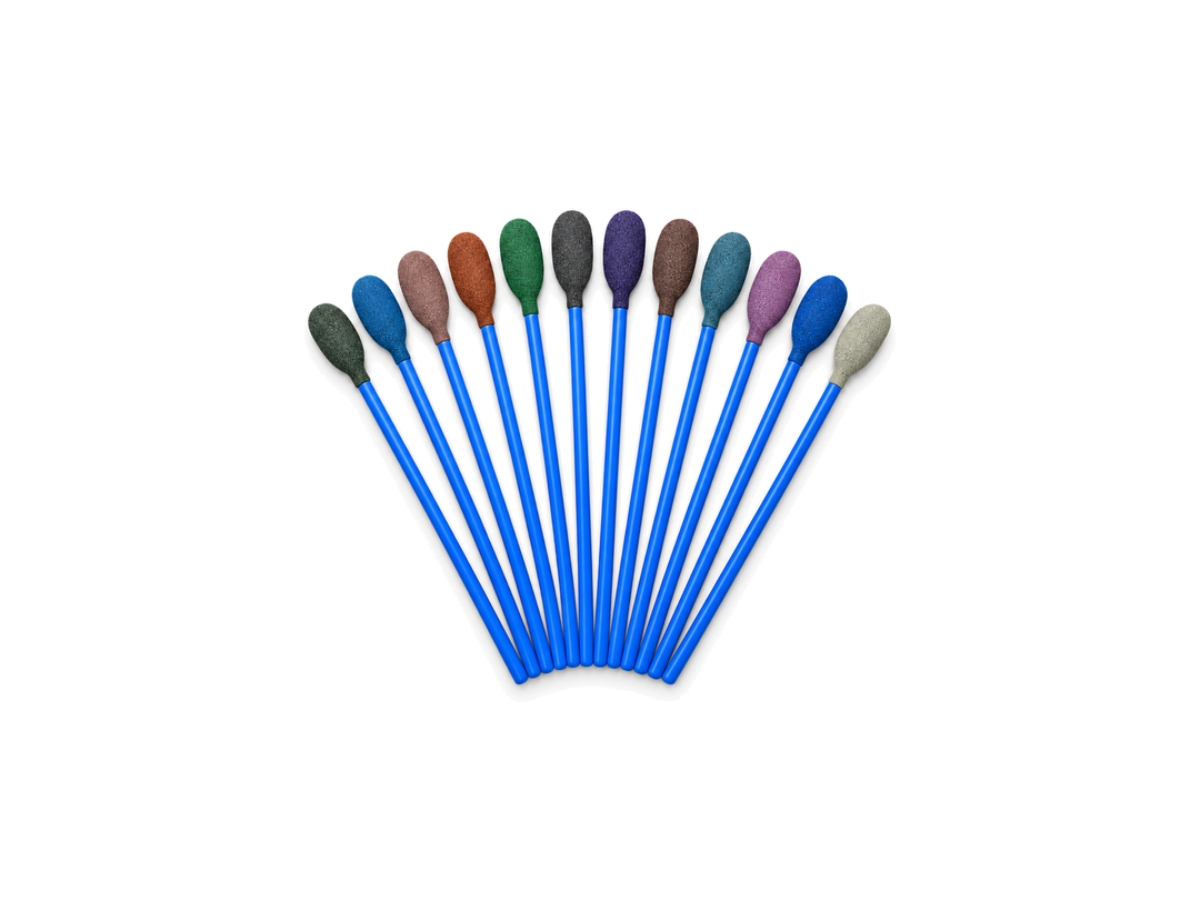 Twelve medium 3-inch Micro-Mesh polishing swabs with coloured abrasive heads arranged in a fan.