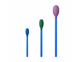 Small, medium and large Micro-Mesh swabs shown side by side with blue, green and purple abrasive heads.
