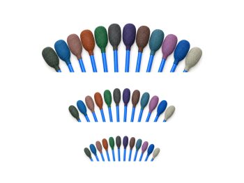Micro-Mesh swab heads in twelve coloured grades, arranged in three rows: large at the top, medium in the middle and small below.
