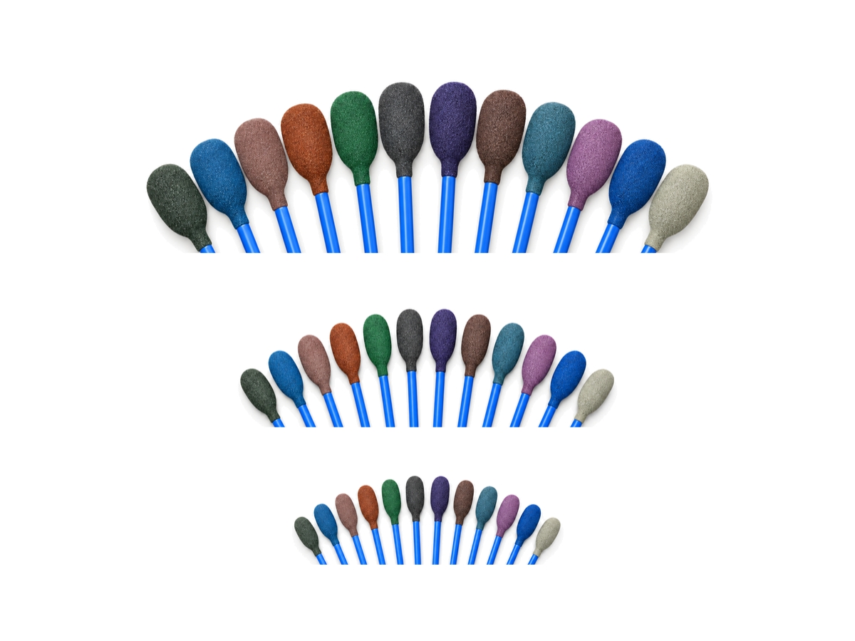 Micro-Mesh swab heads in twelve coloured grades, arranged in three rows: large at the top, medium in the middle and small below.