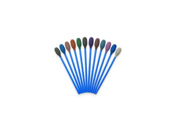 Twelve small 2.25-inch Micro-Mesh polishing swabs with coloured abrasive heads arranged in a fan.