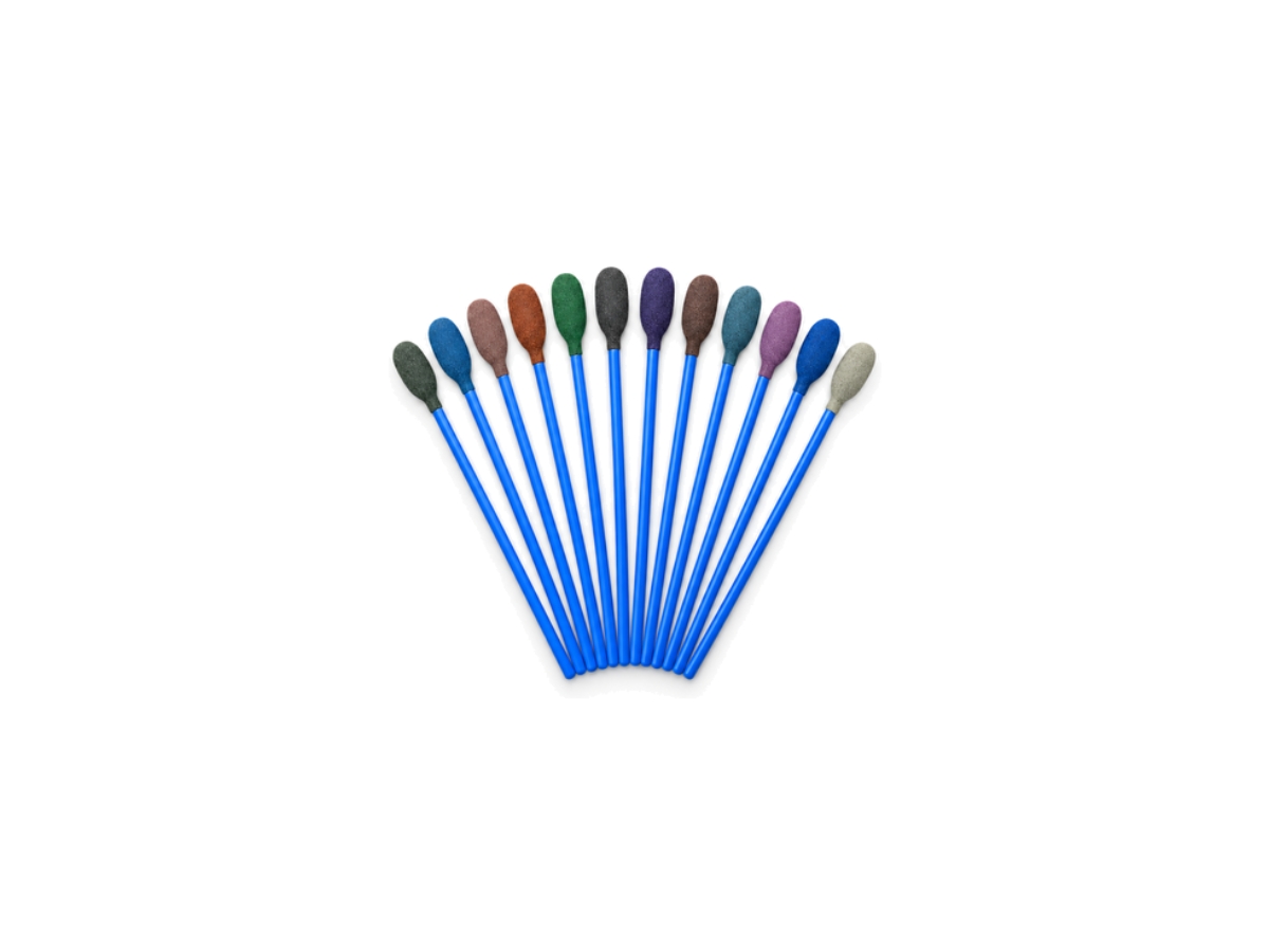 Twelve small 2.25-inch Micro-Mesh polishing swabs with coloured abrasive heads arranged in a fan.