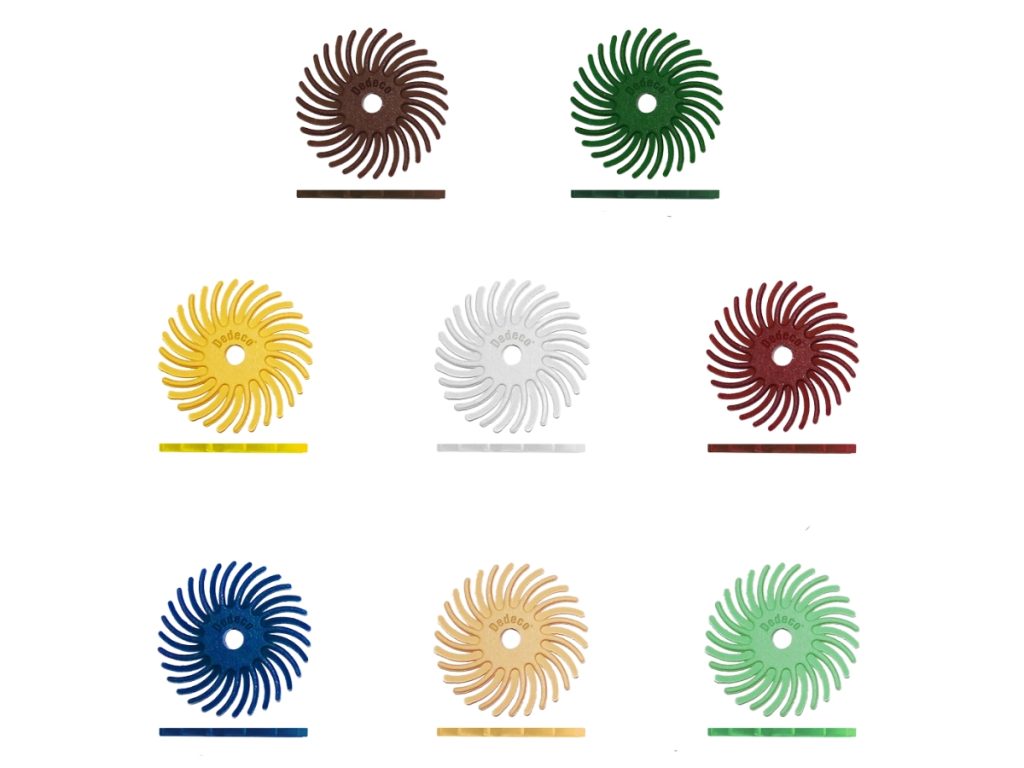 1 inch Dedeco Sunburst TC radial bristle discs in an assortment of grades for surface preparation
