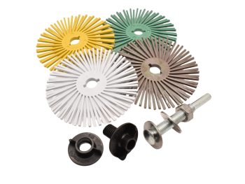 Dedeco Sunburst 3 inch TA radial discs shown with compatible medium radial disc mandrels and adapters
