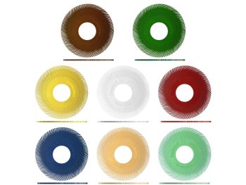 Eight colour-coded 6" Dedeco Sunburst TC loose radial discs from 36 grit to 1 micron