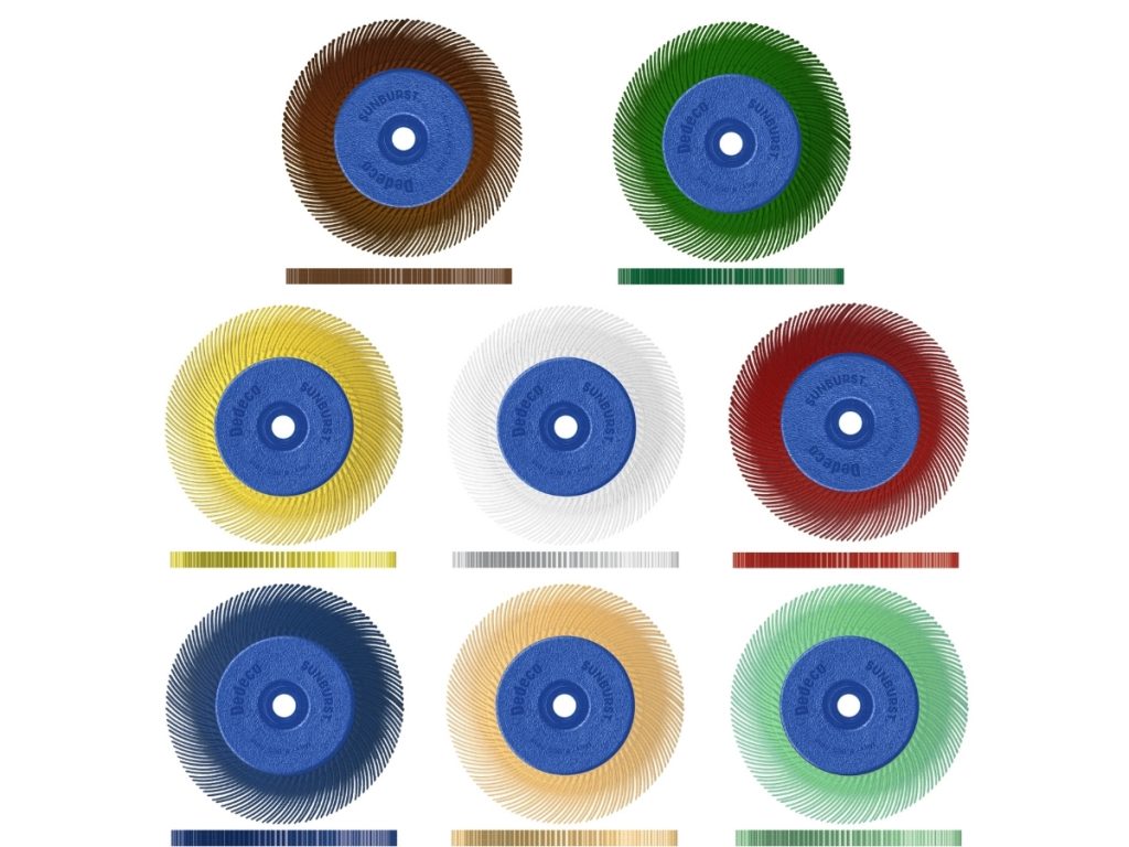 Eight colour-coded 6" Dedeco Sunburst TC eight-lap radial wheel assemblies