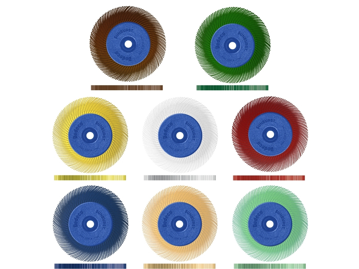 Eight colour-coded 6" Dedeco Sunburst TC eight-lap radial wheel assemblies