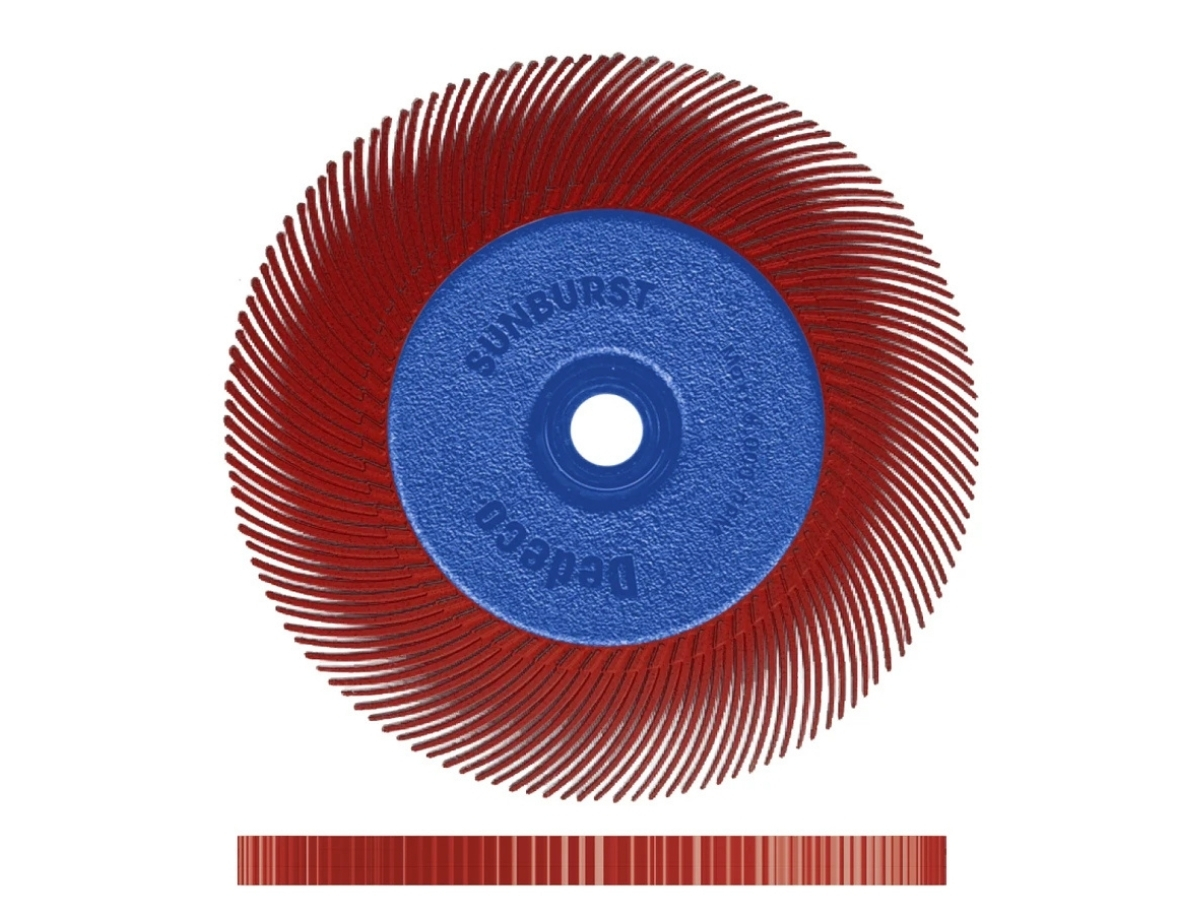 Red 220 grit 6" Dedeco Sunburst TC eight-lap radial wheel assembly