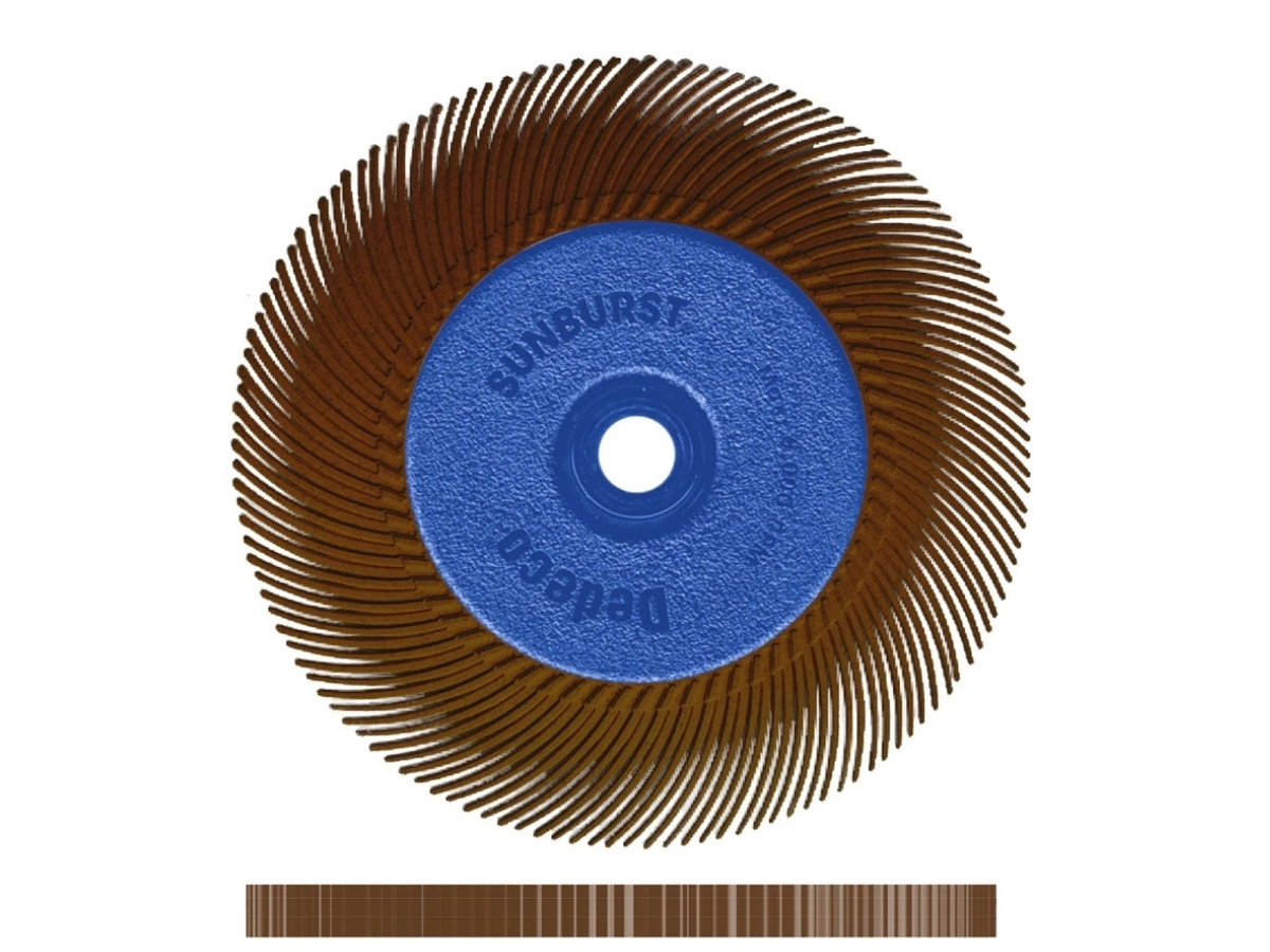 Brown 36 grit 6" Dedeco Sunburst TC eight-lap radial wheel assembly