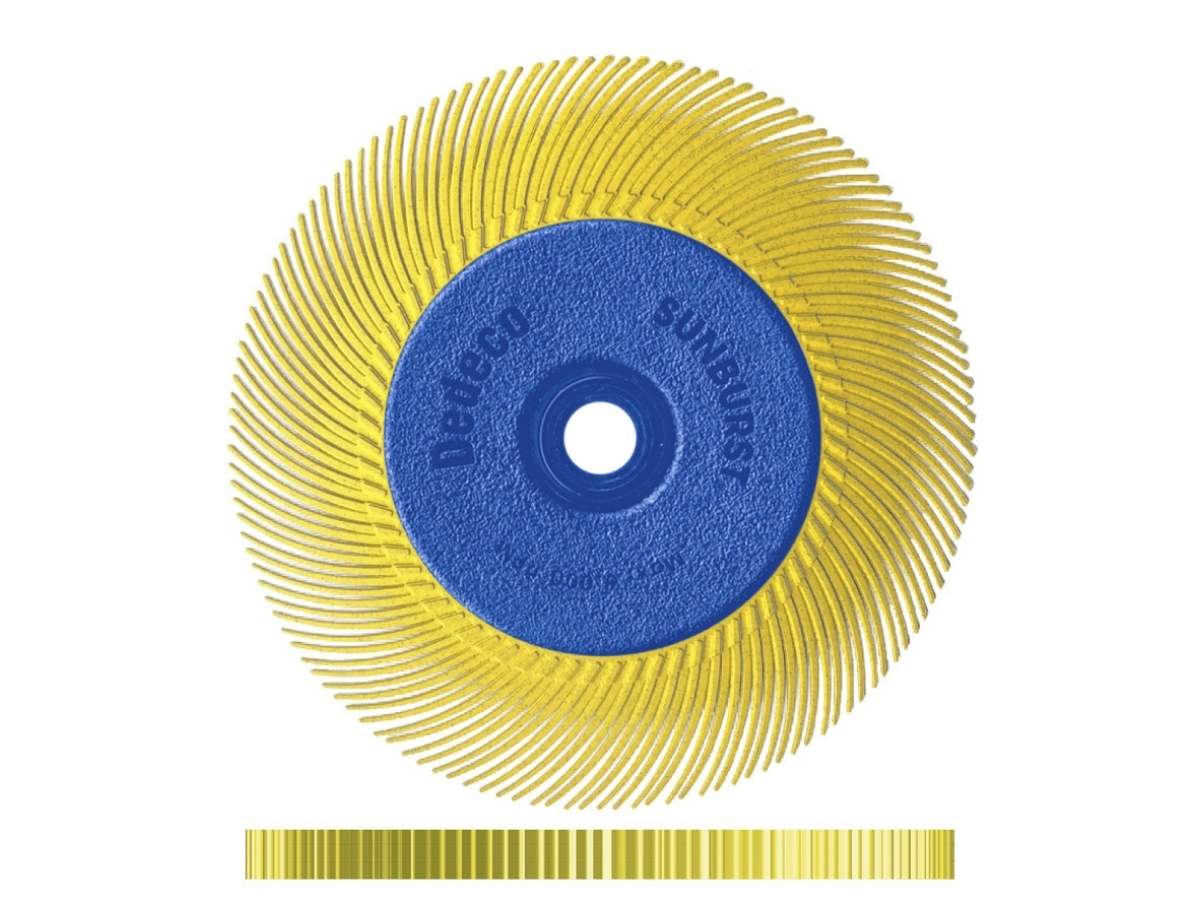 Yellow 80 grit 6" Dedeco Sunburst TC eight-lap radial wheel assembly