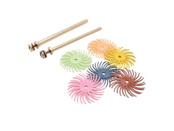 3M Scotch-Brite 19mm radial bristle disc assortment shown with compatible screw mandrels