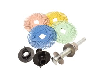 2 inch Dedeco Sunburst TC radial discs shown with MM506 mandrel and tapered spindle screw adapters
