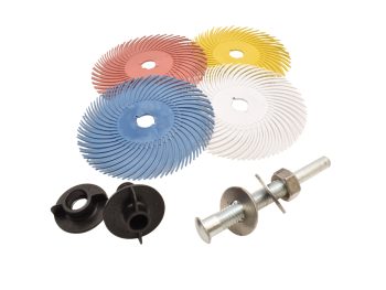 Dedeco Sunburst 3 inch TC radial discs shown with compatible mandrels and mounting adapters
