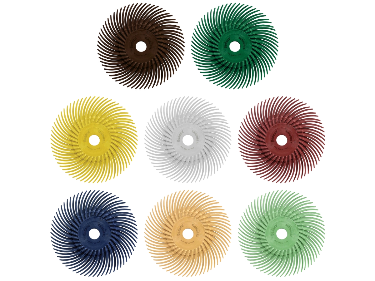 Eight colour-coded 3" Dedeco Sunburst TC loose radial discs