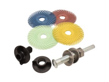 50mm 3M Scotch-Brite radial bristle disc assortment with compatible mandrels and screw adapters