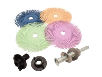 75mm 3M Scotch-Brite radial bristle disc assortment with compatible MM506 mandrel and tapered spindle adapter