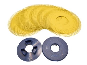 Six loose 6 inch radial discs with blue flange hub components ready for assembly