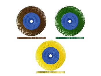 Brown, dark green and yellow Dedeco Sunburst TA 6-inch eight-lap radial bristle wheel assemblies