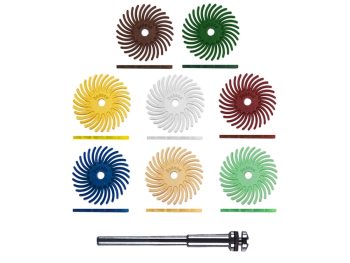 Eight grades of 1 inch Dedeco Sunburst TC radial discs showing front and side profiles with mandrel