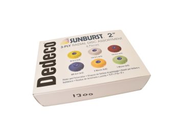Closed Dedeco Sunburst 2 inch TC 3-ply radial disc assortment box marked six pieces