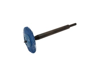 Blue 400 grit Dedeco Sunburst 2 inch TC 3-ply radial wheel mounted on a PB38 extended tapered mandrel