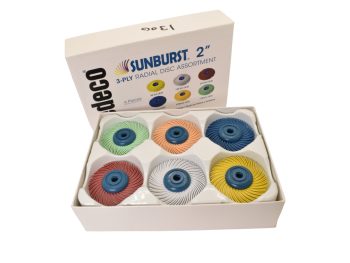 Open Dedeco Sunburst 2 inch TC 3-ply radial disc assortment box showing six wheel assemblies