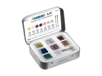 Open Dedeco Sunburst 5/8-inch radial disc assortment case showing colour-coded discs and mandrels