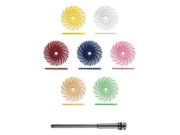 Seven grades of Dedeco 5/8-inch TC radial discs shown face-on and in profile with mandrel