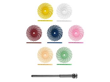 Seven grades of Dedeco Sunburst 7/8-inch TC radial discs with a screw-top mandrel