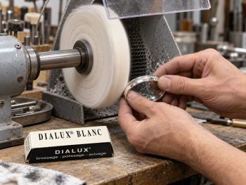 Silver bangle being polished on a cotton buffing mop with a Dialux Blanc white polishing compound bar on the workbench.
