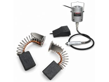 Pair of LY128 carbon brushes shown with the compatible pendant motor, handpiece and foot control