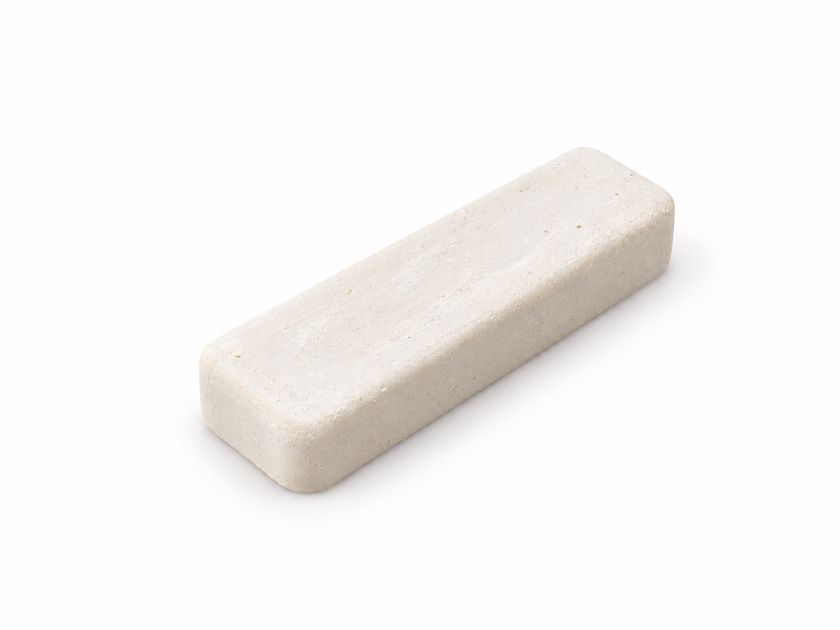 Small 4 x 1 inch white Mirrormax polishing compound bar on a white background.