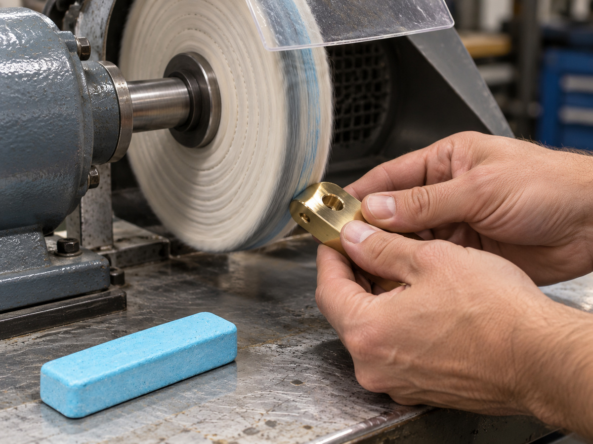 Brass component being polished on a cotton buffing mop, with a small 4 x 1 inch blue Blumax compound bar on the workbench.